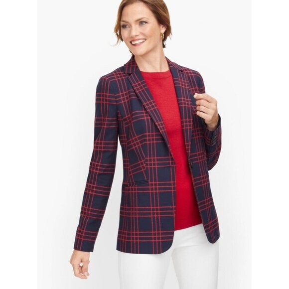 Talbots Windowpane Plaid Blazer Jacket Wool Blend Navy Red 12 Preppy Academia - Picture 1 of 13
